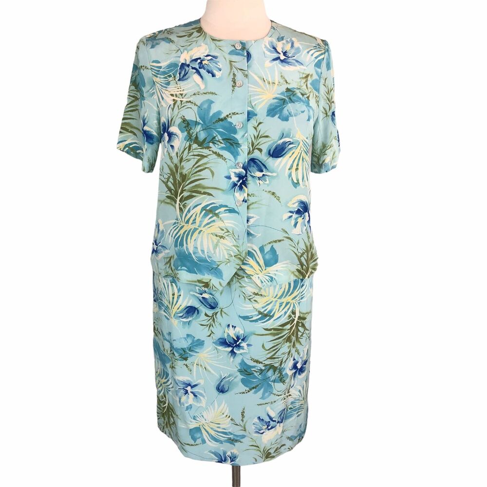 Alfred Dunner Silk Career Skirt Suit Lined Knee Length Short Sleeves Floral Blue